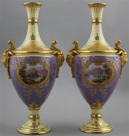 A pair of Coalport lilac and lemon yellow ground vases, c.1900, 22.5cm